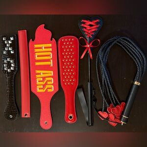 Lot of 6 Red Black Studded Paddle & Heart Lace Crop Whip Set